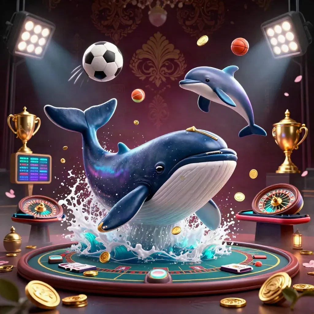 Whale captain, narwhal, and dolphins in a coin-burst casino celebration with sports props