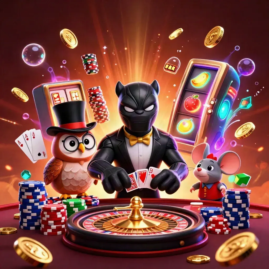 Panther, owl, and mouse amid casino chips, coins, gems, roulette, and glowing lights.