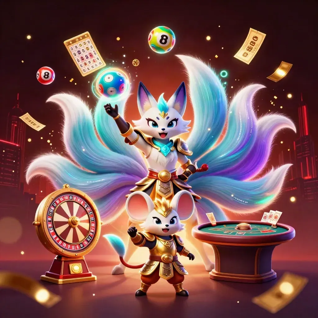 Neon fox spirit and samurai mouse amid casino bonuses, coins, fireworks, and glowing gaming props.