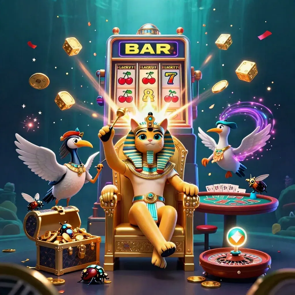 Pharaoh cat, ibis scribe, and gem-wing scarabs amid slot jackpot treasure and casino glow.