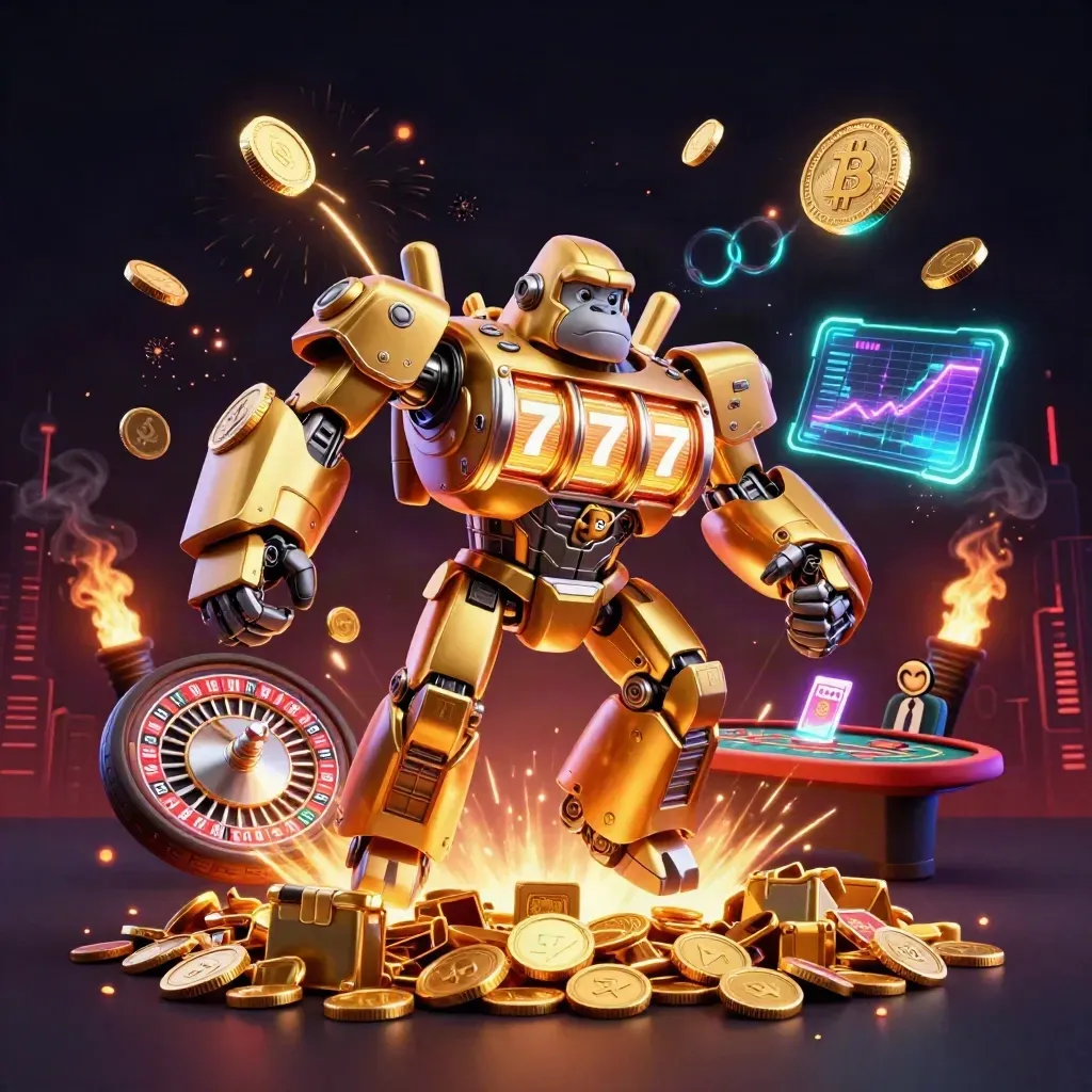 Golden gorilla mech with monkey pilot bursts from a coin vault amid casino lights and crypto coins