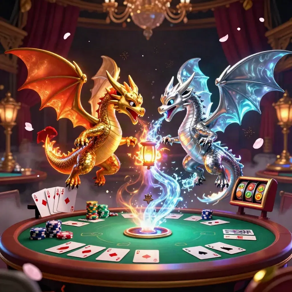 Gold and silver dragons spiral in a yin-yang with casino chips, reels, and glowing neon magic.