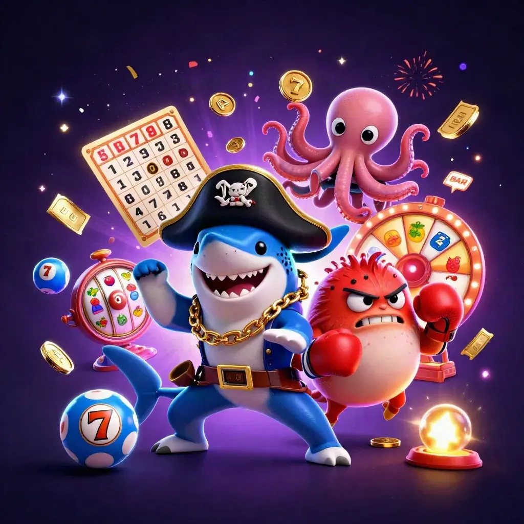 Pirate shark, boxing pufferfish, and coin-juggling octopus amid casino bursts.