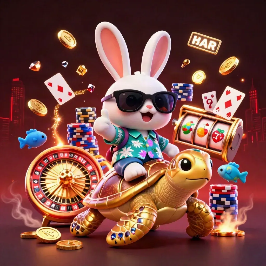 Rabbit in shades rides a gold sea turtle amid casino chips, coins, reels, and glowing lights.