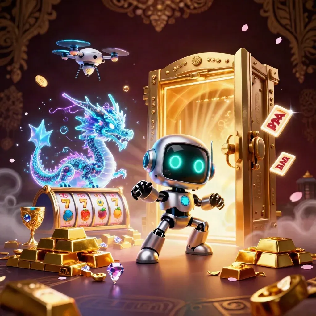 Cyberpunk robot, particle dragon, and coin drone before a glowing vault amid gold and neon casino loot.