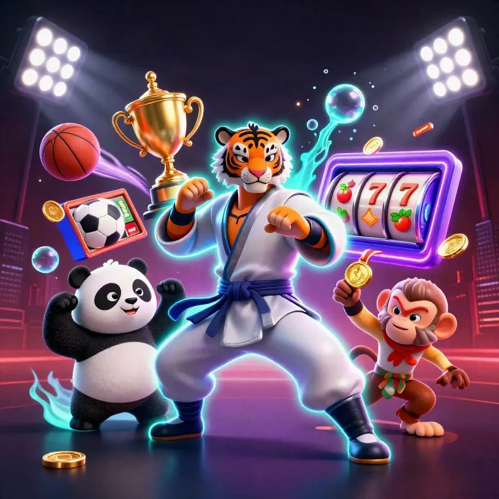 Kung-fu tiger master, panda, and monkey amid casino sports balls, coins, reels, and neon glow