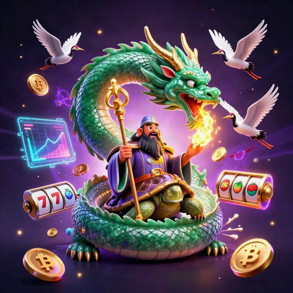 Emerald dragon, turtle sage, and cranes amid neon casino effects on a dark cosmic backdrop.
