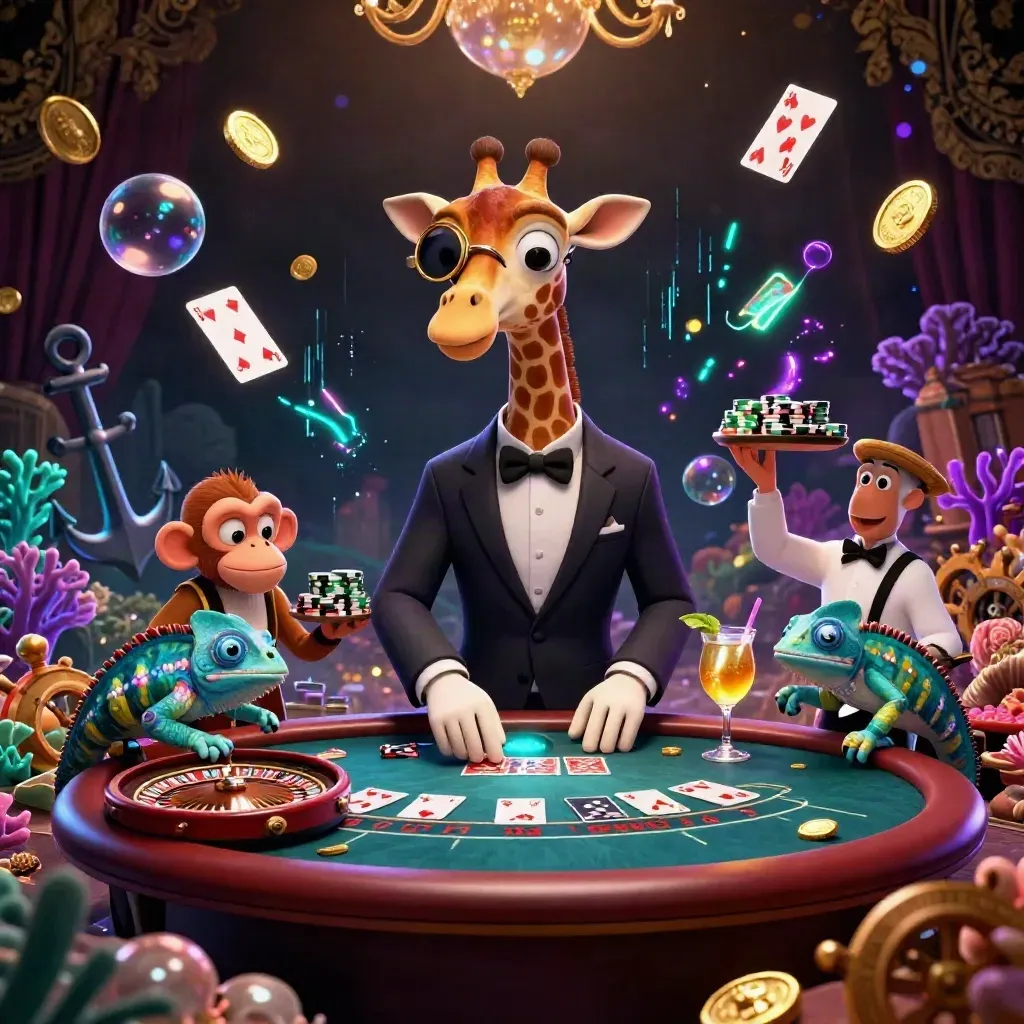 Giraffe, monkey and chameleon at a glowing VIP poker table in an underwater treasure cove