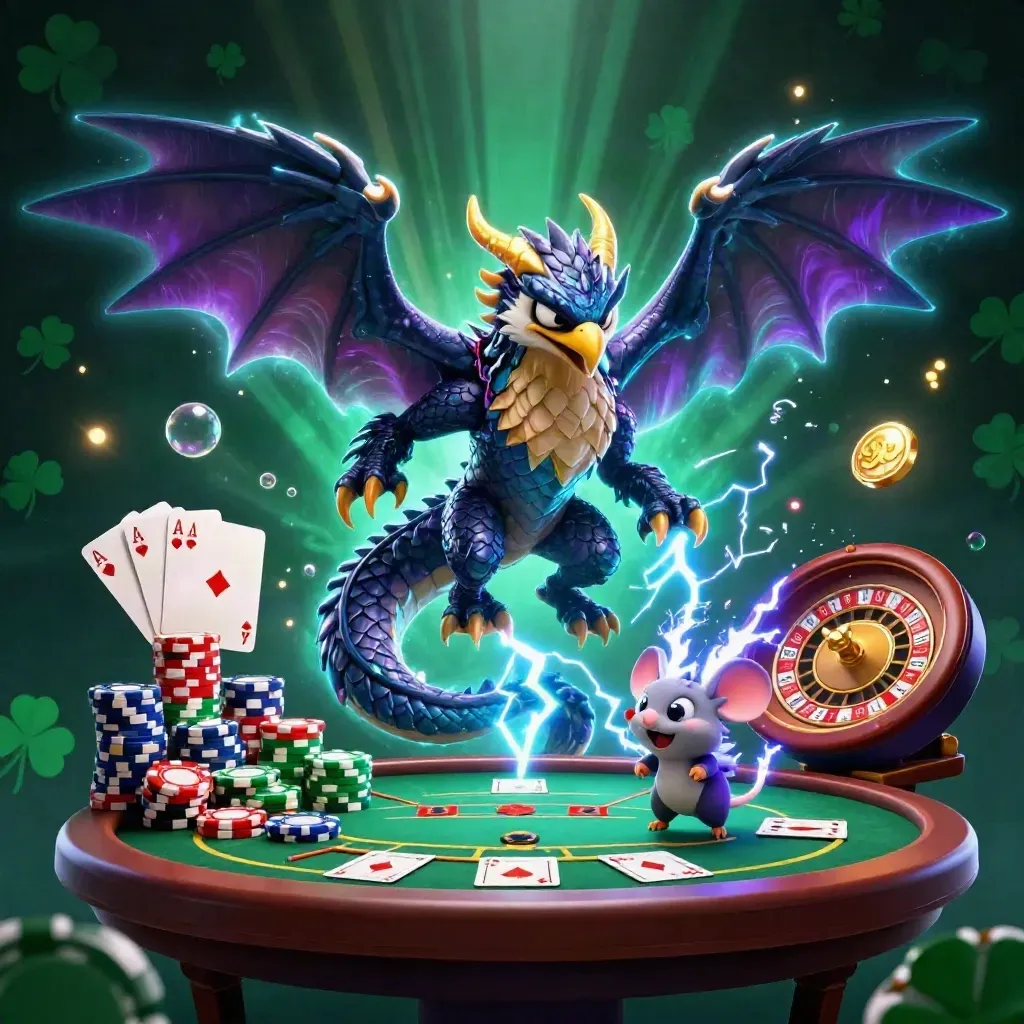 Thunder dragon, hawk, and static mouse over casino chips, cards, and neon glow.
