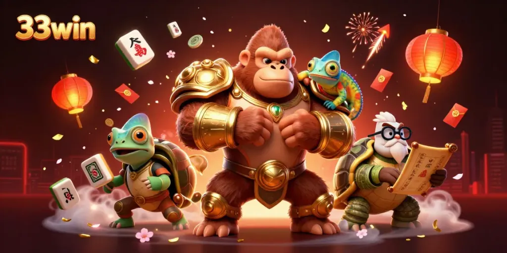 Experience the vibrant action of 33win with a gorilla king and his companions amidst festive gaming elements.