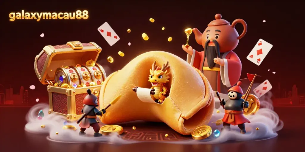 Experience the excitement of galaxymacau88 with a magical scene featuring a fortune cookie and gaming elements.