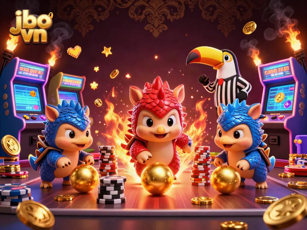 Experience winning with jbo vn in a vibrant 3D casino-themed illustration featuring competitive pangolins and gaming elements.