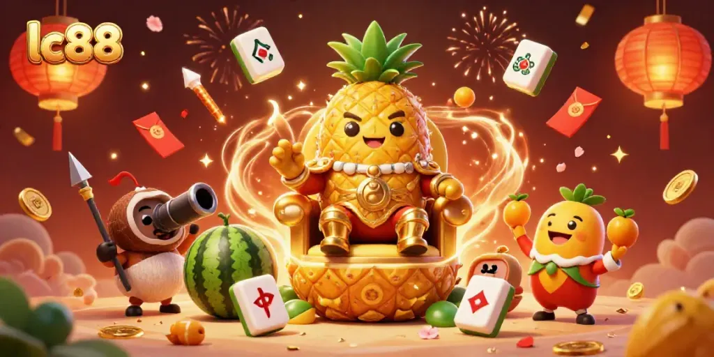 Engaging lc88 online casino scene with a golden pineapple king and festive elements.