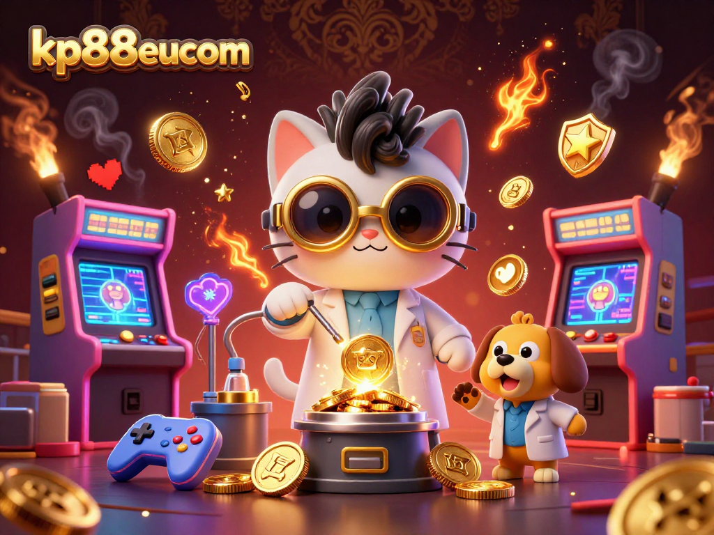 Engage with kp88eucom in a vibrant online casino scene featuring a creative mad scientist cat!