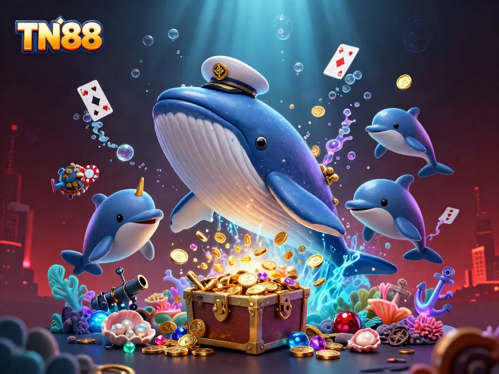 Experience a TN88 adventure with a cartoon whale, coins, and poker chips in a vibrant underwater casino.