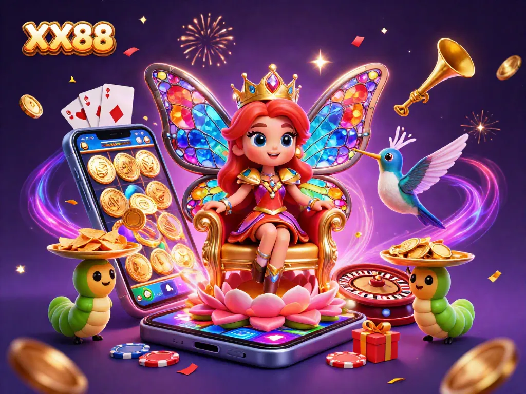 Experience the vibrant world of XX88 with a 3D cartoon butterfly queen and exciting casino elements.