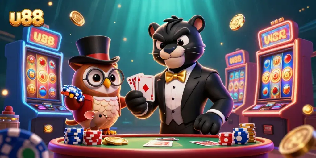 Engage in an exciting gaming experience at u88 with a stylish black panther dealer and charming owl, surrounded by vibrant slot machines.