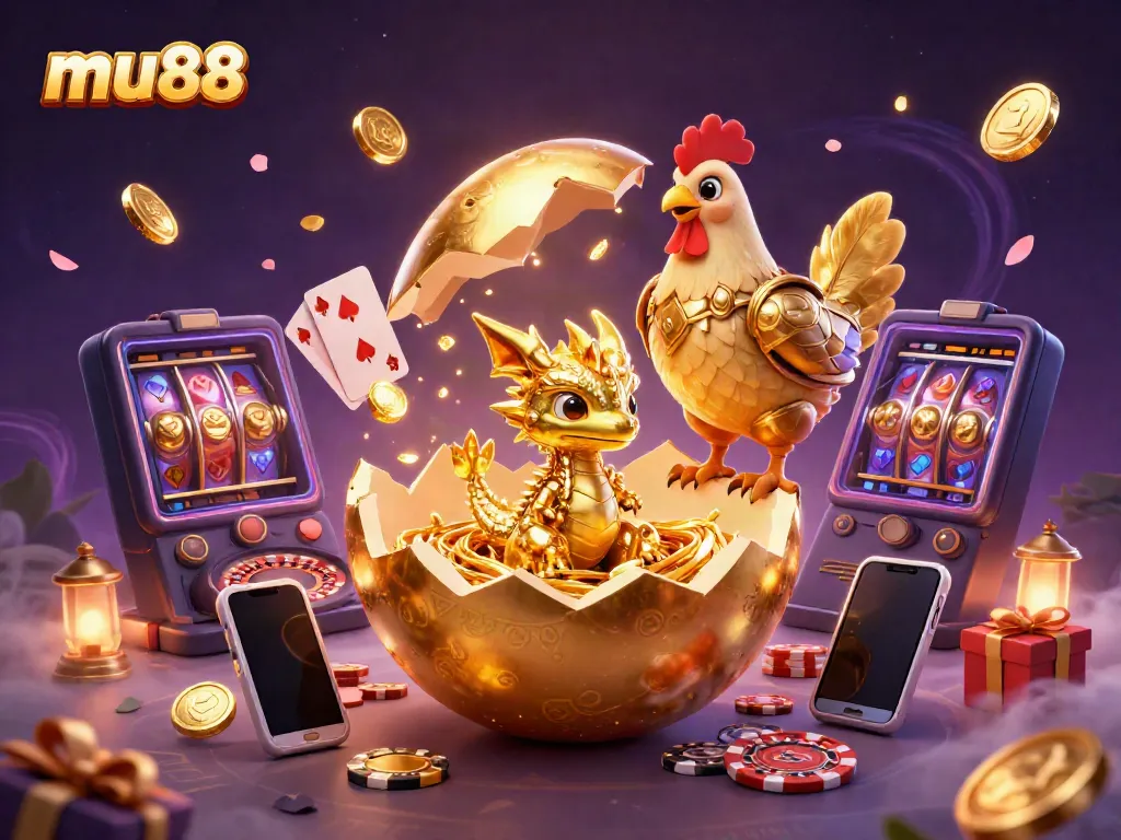 Experience the excitement of mu88 with a majestic golden dragon amidst vibrant casino elements.