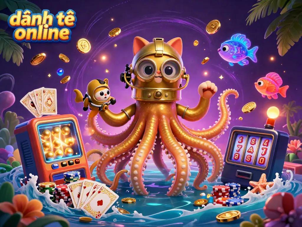 Engaging scene showcasing đánh đề online, featuring a giant kraken, a diving cat, and colorful game elements.