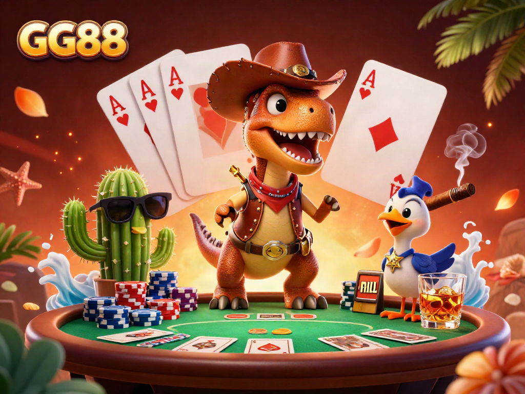 Join the adventure with GG88 as the cowboy dinosaur and friends play poker and win big!