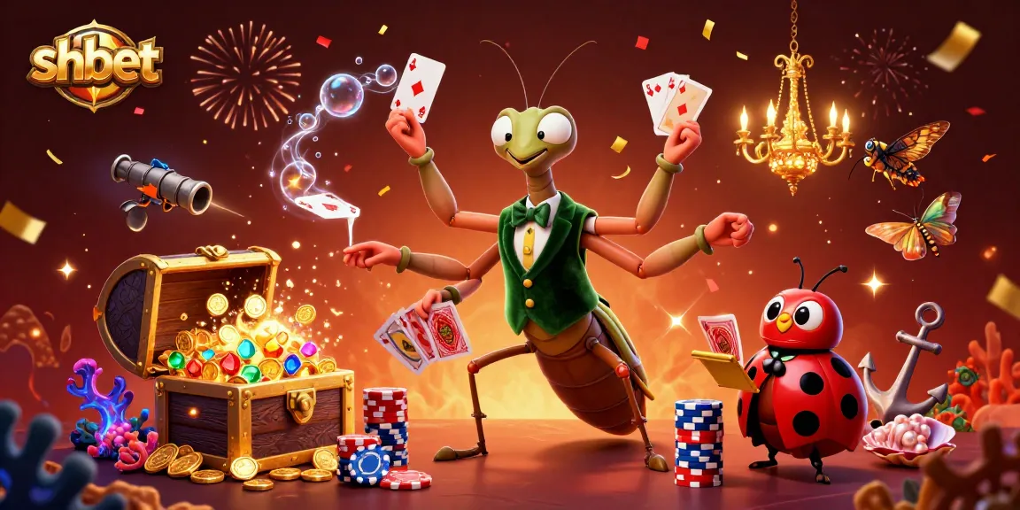 shbet showcasing thrilling casino action with a giant mantis dealing cards and confetti effects