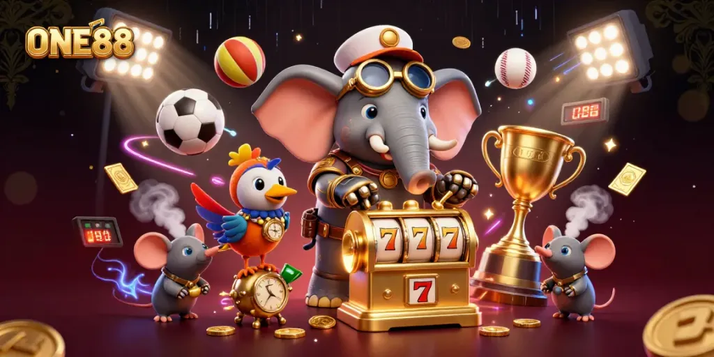 Engage with thrilling slot adventures at ONE88, where a steampunk elephant engineer operates golden machines surrounded by vibrant sports elements.