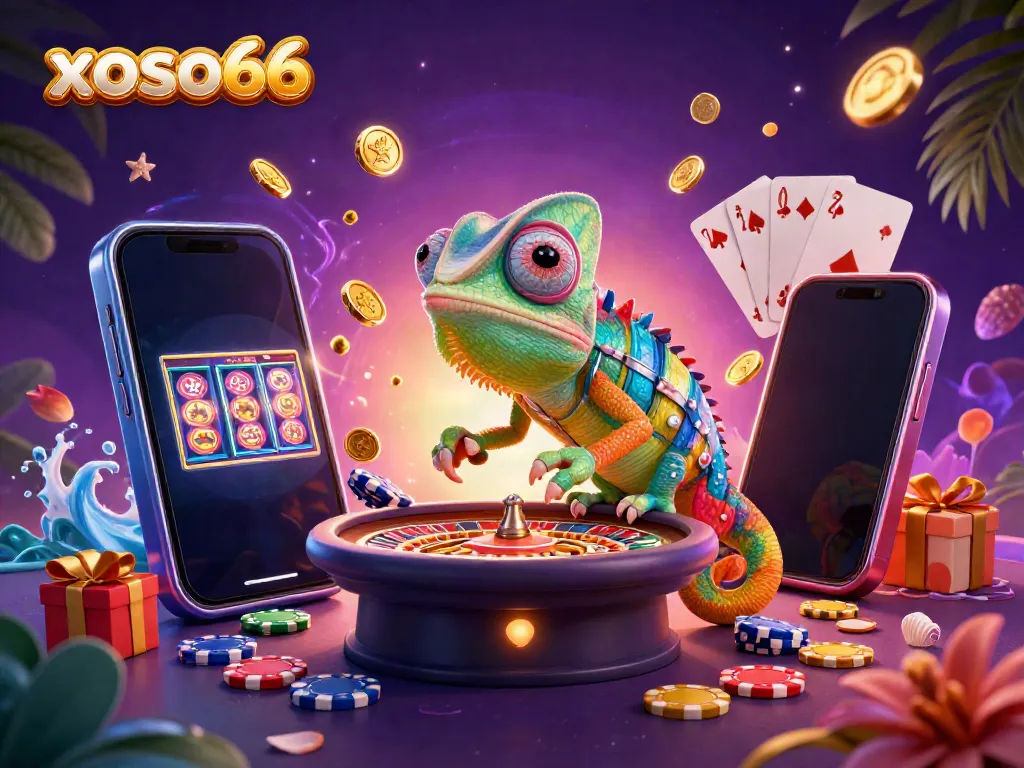 Experience thrilling gameplay at xoso66 with an exciting 3D chameleon casino owner amidst vibrant slot and card games.