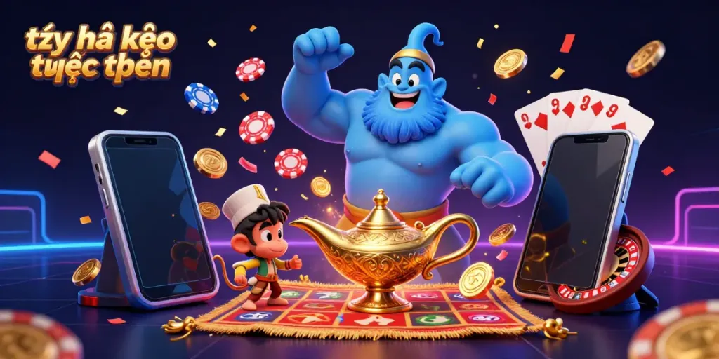 Experience the dynamic scene featuring a massive blue genie and a monkey with poker chips, embodying tỷ lệ kèo trực tuyến excitement.