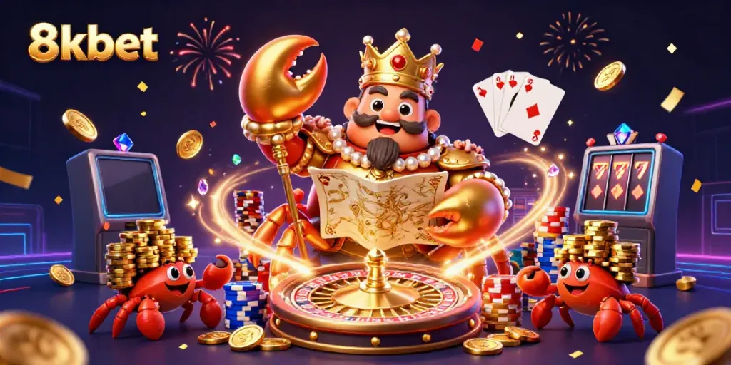 Engage with the thrilling world of gambling at 8xbet featuring a golden crab emperor surrounded by gold coins and gaming elements.