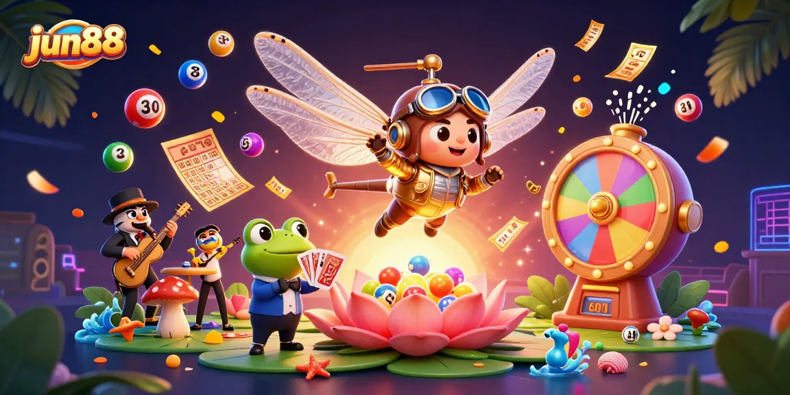 Experience the thrill of jun88 with lively characters and vibrant casino action in this dynamic illustration.