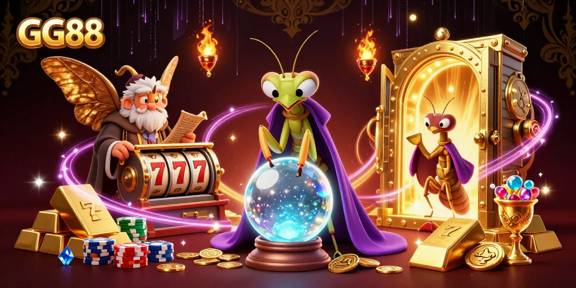 GG88 engages players with a vibrant illustration of fortune tellers, gems, and slot elements.