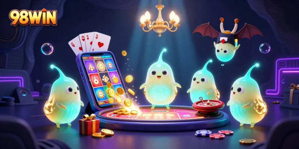 Ignite thrills with 98WIN at a vibrant cave casino surrounded by glowing characters and gaming elements.