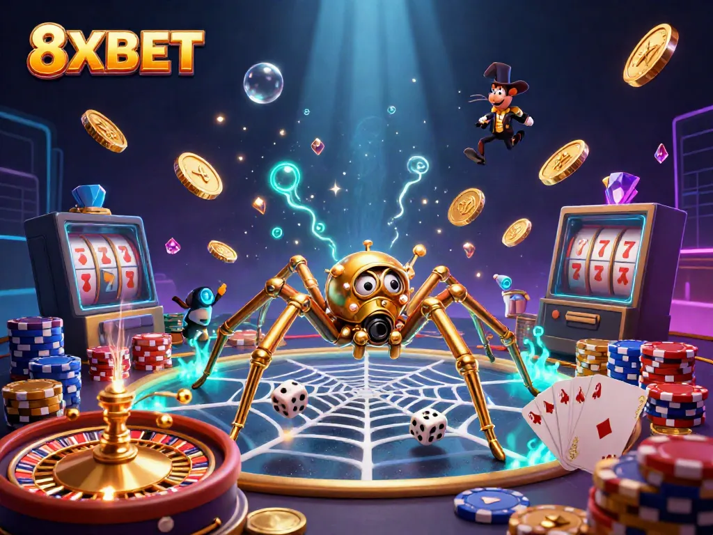 8XBET captures thrilling casino action with steampunk charm, golden coins, and dynamic gaming elements.