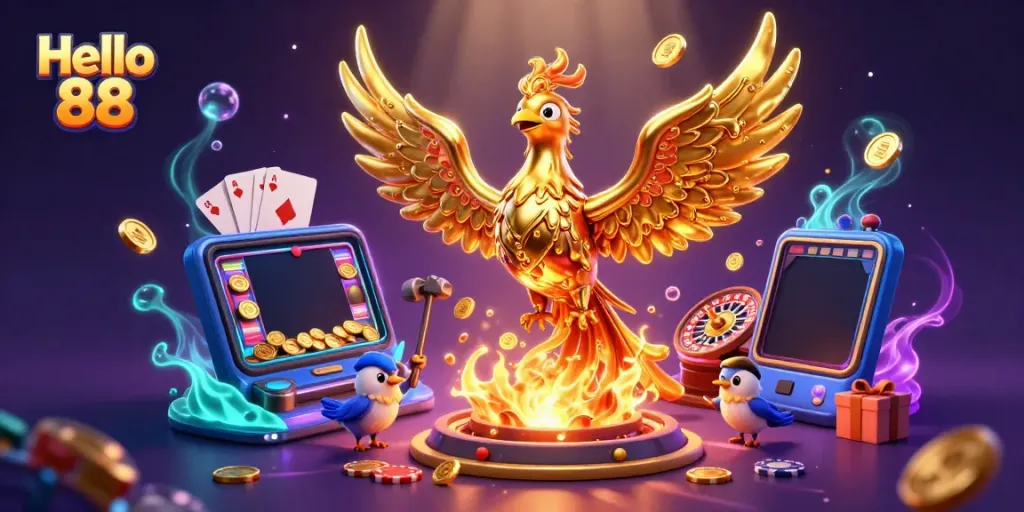 Experience thrilling wins with Hello 88's molten phoenix enveloped in gold coins and slots.