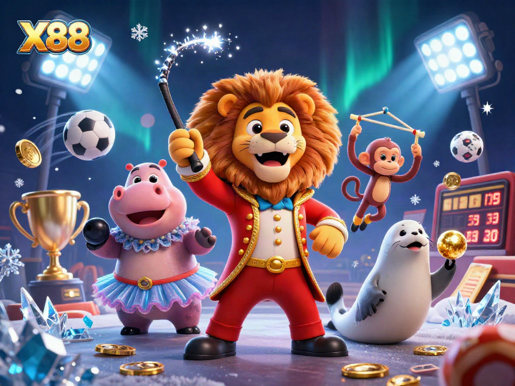 X88 attracts players with a vibrant circus-themed casino scene featuring dynamic game elements.