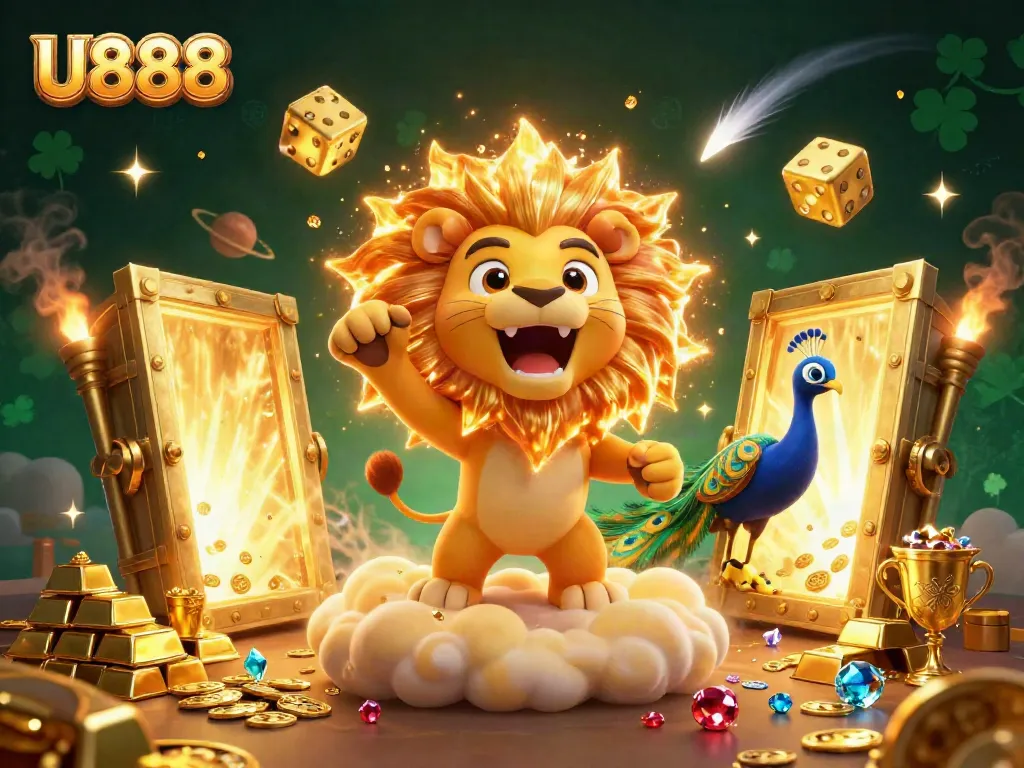 Experience thrilling gameplay with U888, featuring a vibrant 3D casino scene and golden treasures.