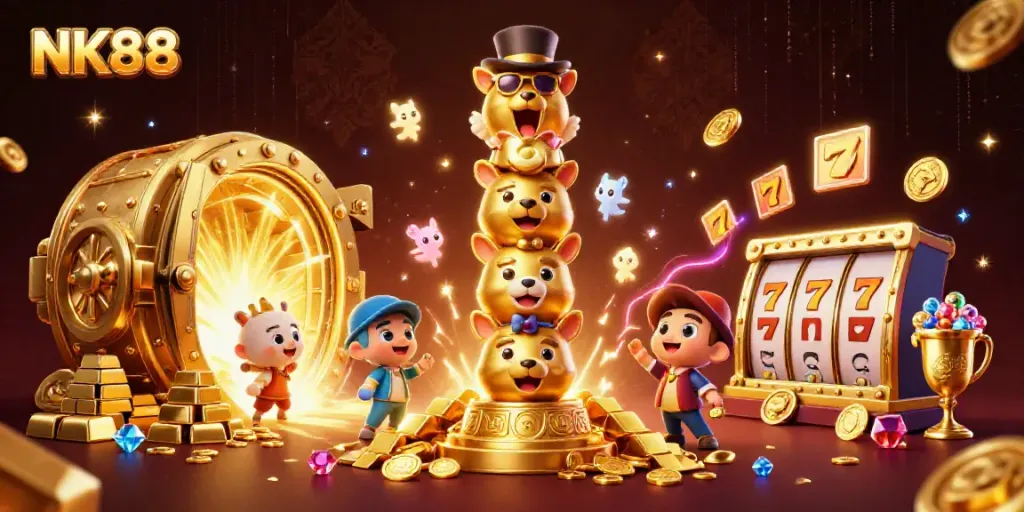 Experience thrilling wins at NK88 with dynamic golden treasures and animated casino elements.