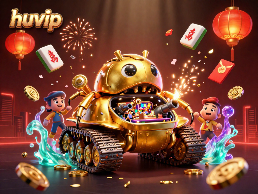 Engage with huvip’s vibrant casino experience inside a golden beetle tank bursting with action and currency.
