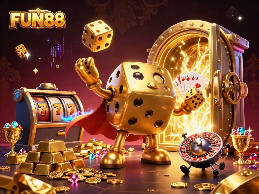Experience the excitement of FUN88 with vibrant slot reels and a golden dice character juggling gems.
