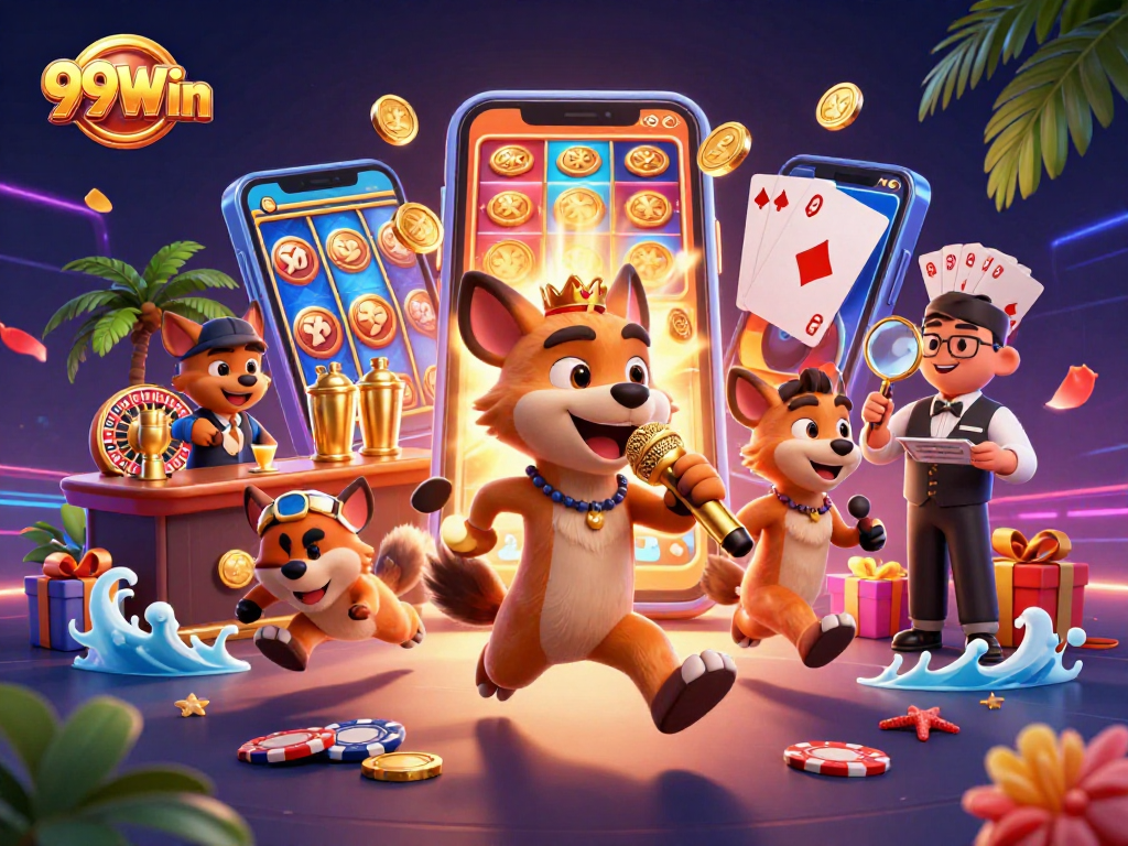 Experience the excitement of 99Win with lively hyena characters in a vibrant casino scene