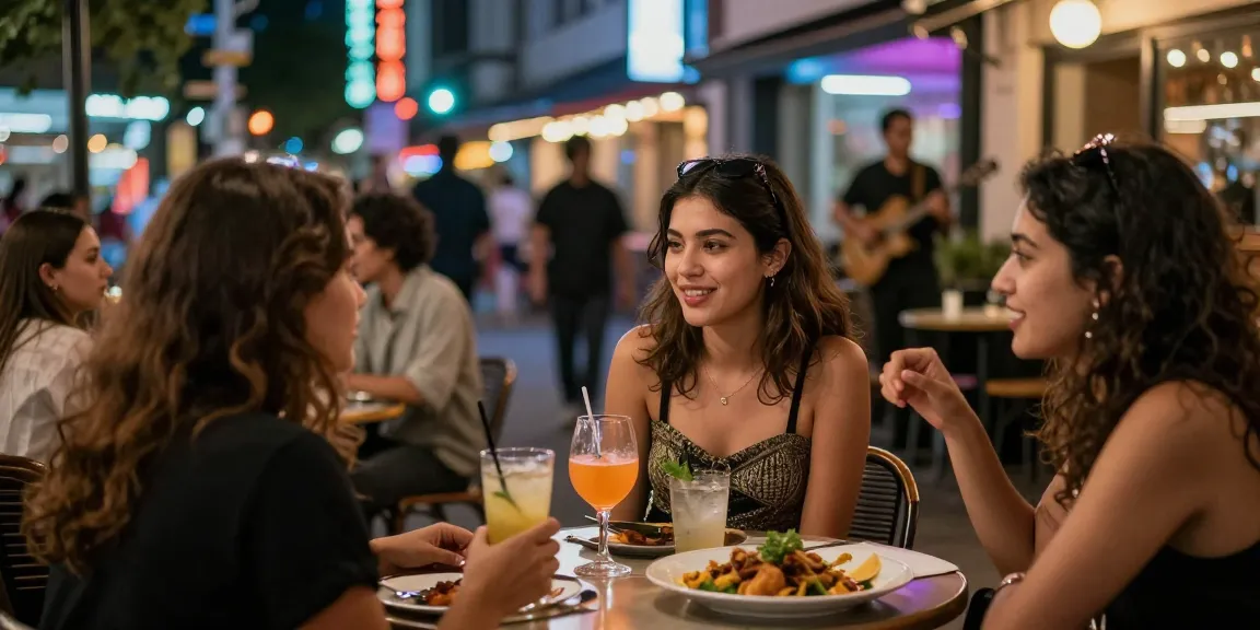 Gái gọi trong không gian phố thị sống động với ánh đèn đêm và bạn bè.