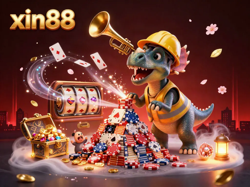 Experience excitement at xin88 with a vibrant 3D scene showcasing a triceratops and gaming elements.
