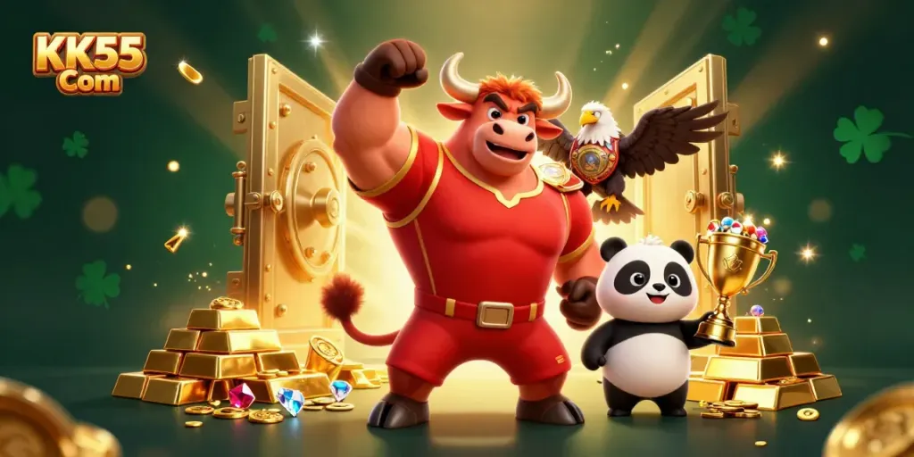 Experience the thrill of KK55 Com with a vibrant casino scene featuring a bull mascot and golden treasures.