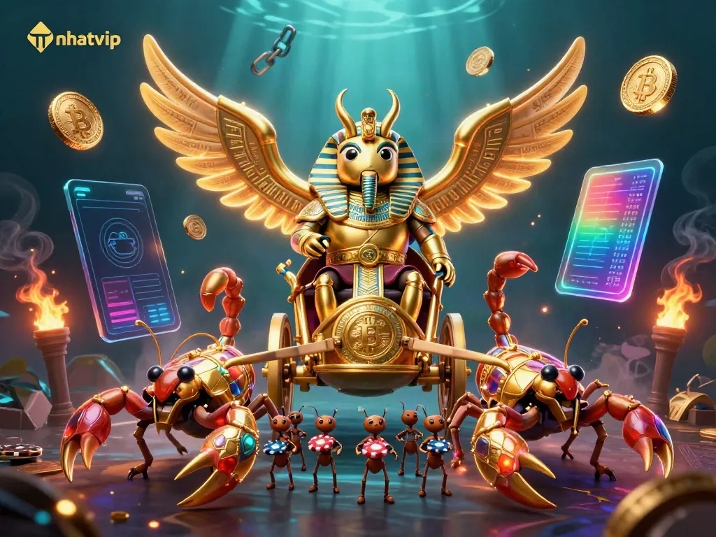 Nhatvip card game adventure with gold scarab, scorpions, and crypto coins.