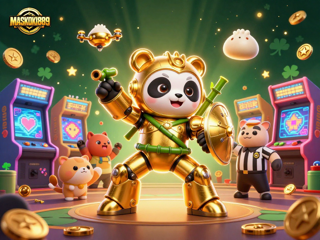 Engage with MASKOKI889 in a vibrant 3D casino scene filled with arcade elements and lively characters.