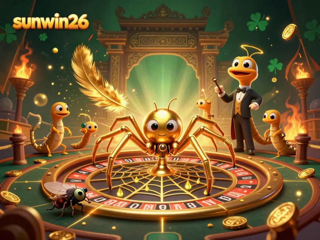 Engage with sunwin26's thrilling roulette wheel scene featuring a golden spider and a centipede croupier.