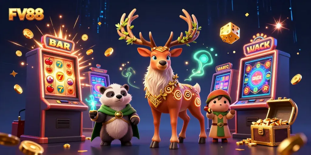 Experience thrilling gameplay at FV88 with vibrant casino scenes filled with dynamic characters and exciting symbols.