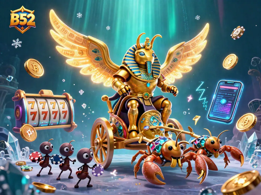 Engage with B52 casino excitement featuring vibrant scarab, poker chips, and crypto coins.