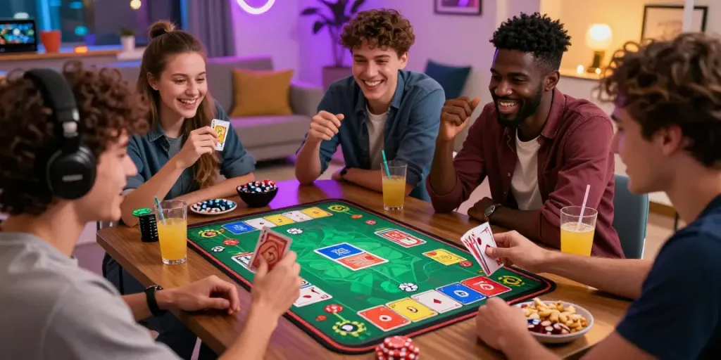 Engaged friends playing 3 Patti no1 in a vibrant living room, showcasing an exciting gaming experience.