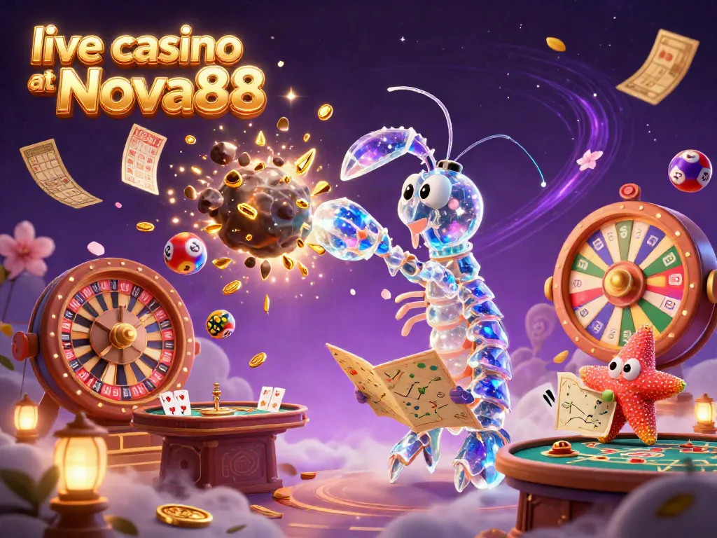 Engage in the live casino at Nova88 with a vibrant scene of games and colorful elements.